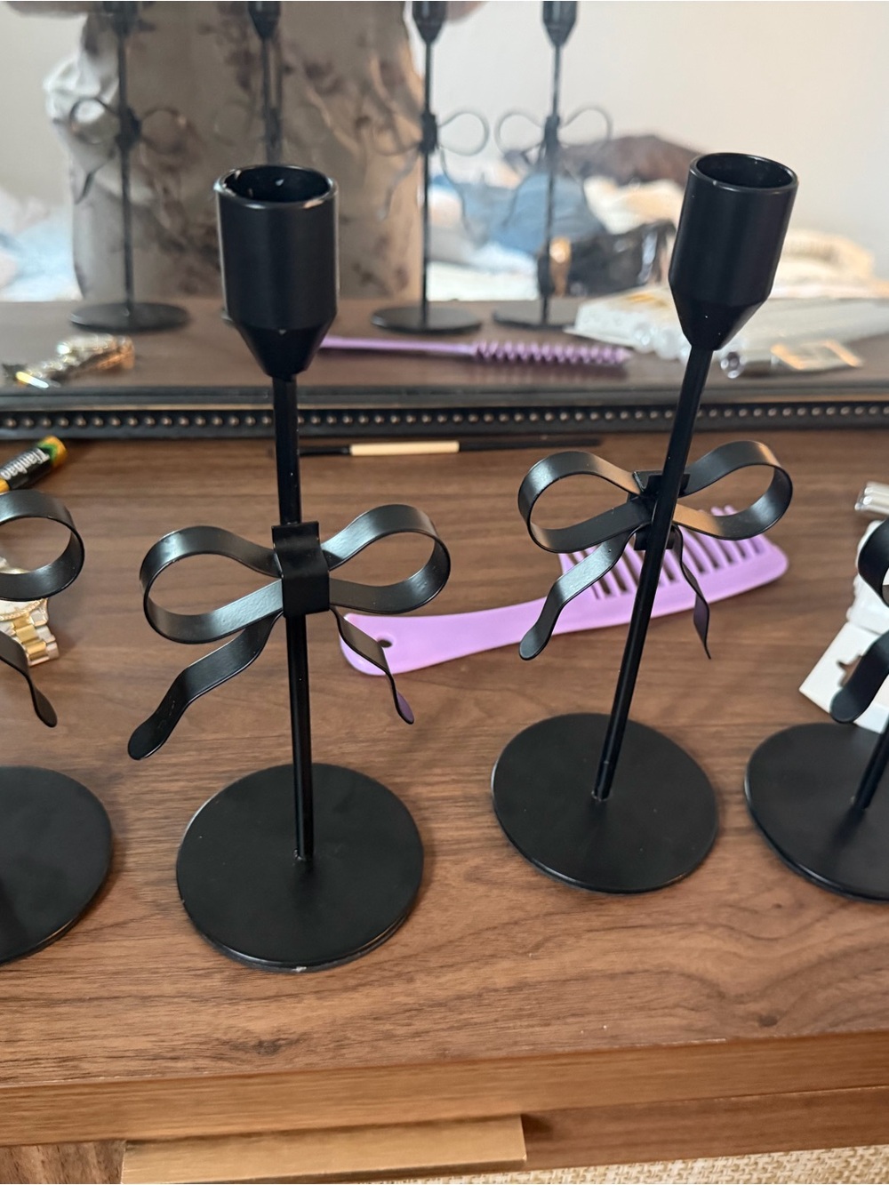 Black Ribbon Bow Metal Candle Holders - Set of 3